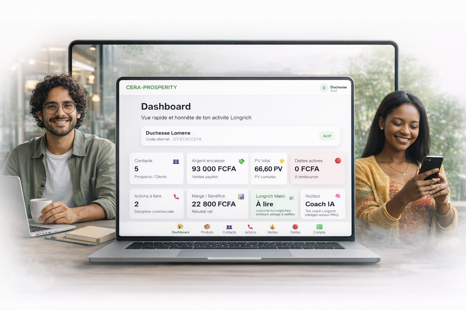 Dashboard CERA-PROSPERITY utilisé par des entrepreneurs Longrich